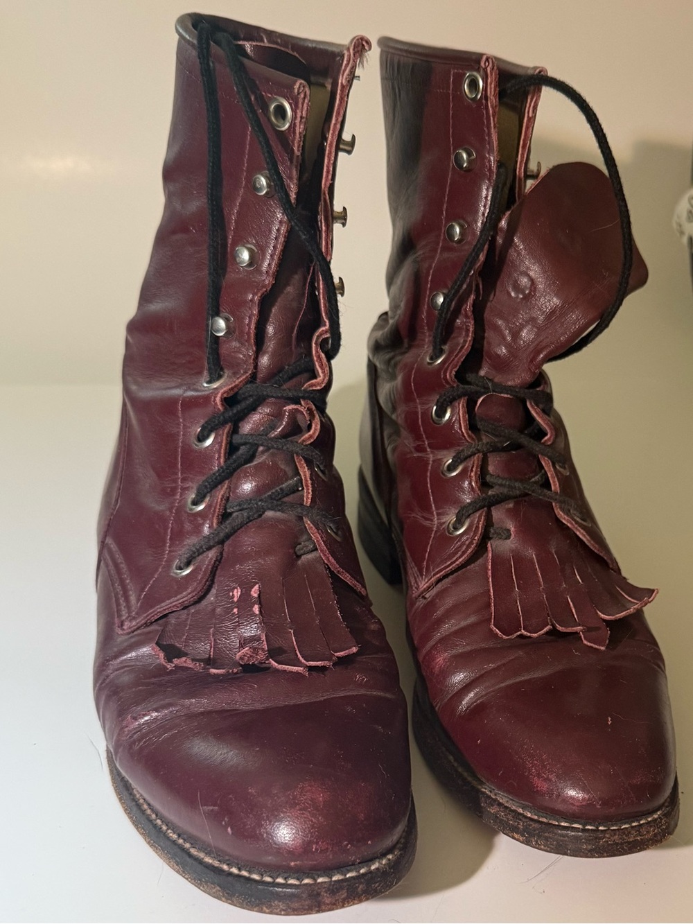Vintage Justin’s Burgundy Dark Red Ox-Blood Leather Laredo Style Boots Fringe